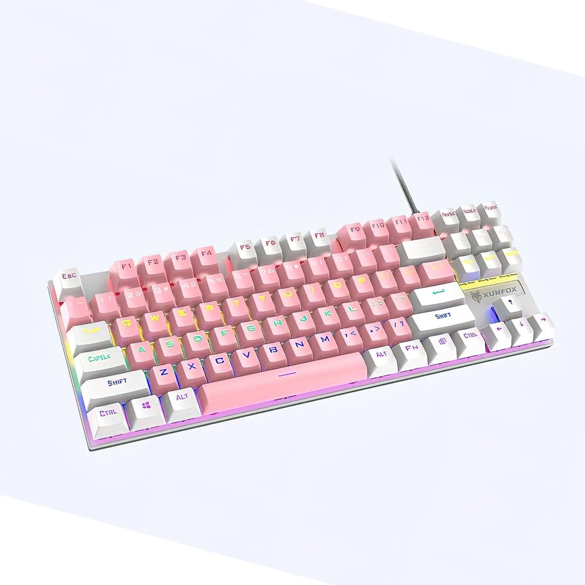 8720618356109 - XUNFOX K80 RGB mechanische 87Tasten TKL Gaming-Tastatur - Windows Mac Spiele-Tastatur - blauer Schalter - Mechanische Tastatur - QWERTY - Anti-Ghosting Spiele-Tastaturen - Pink Weiß