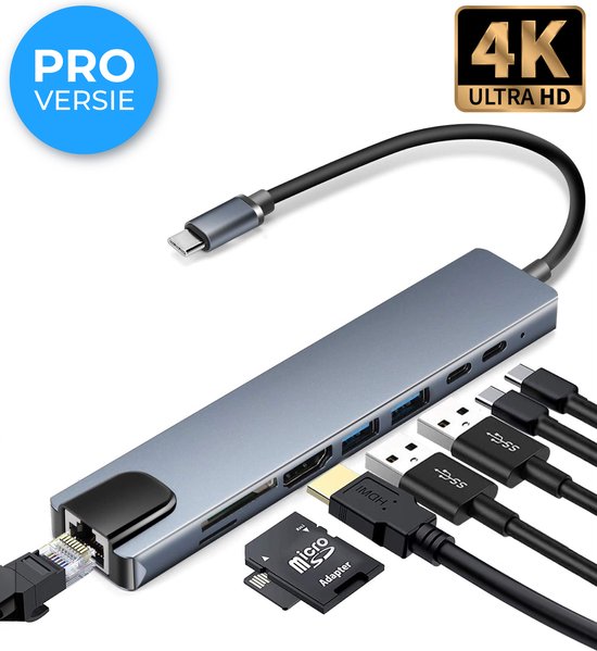 8720618633514 - - USB C Hub 30 - 8 Anschlüsse - USB-Splitter mit Ethernet - USB C zu HDMI - USB Hub 30 - Docking Station Laptop - Micro SD Kartenleser - HDMI 4K - Grau