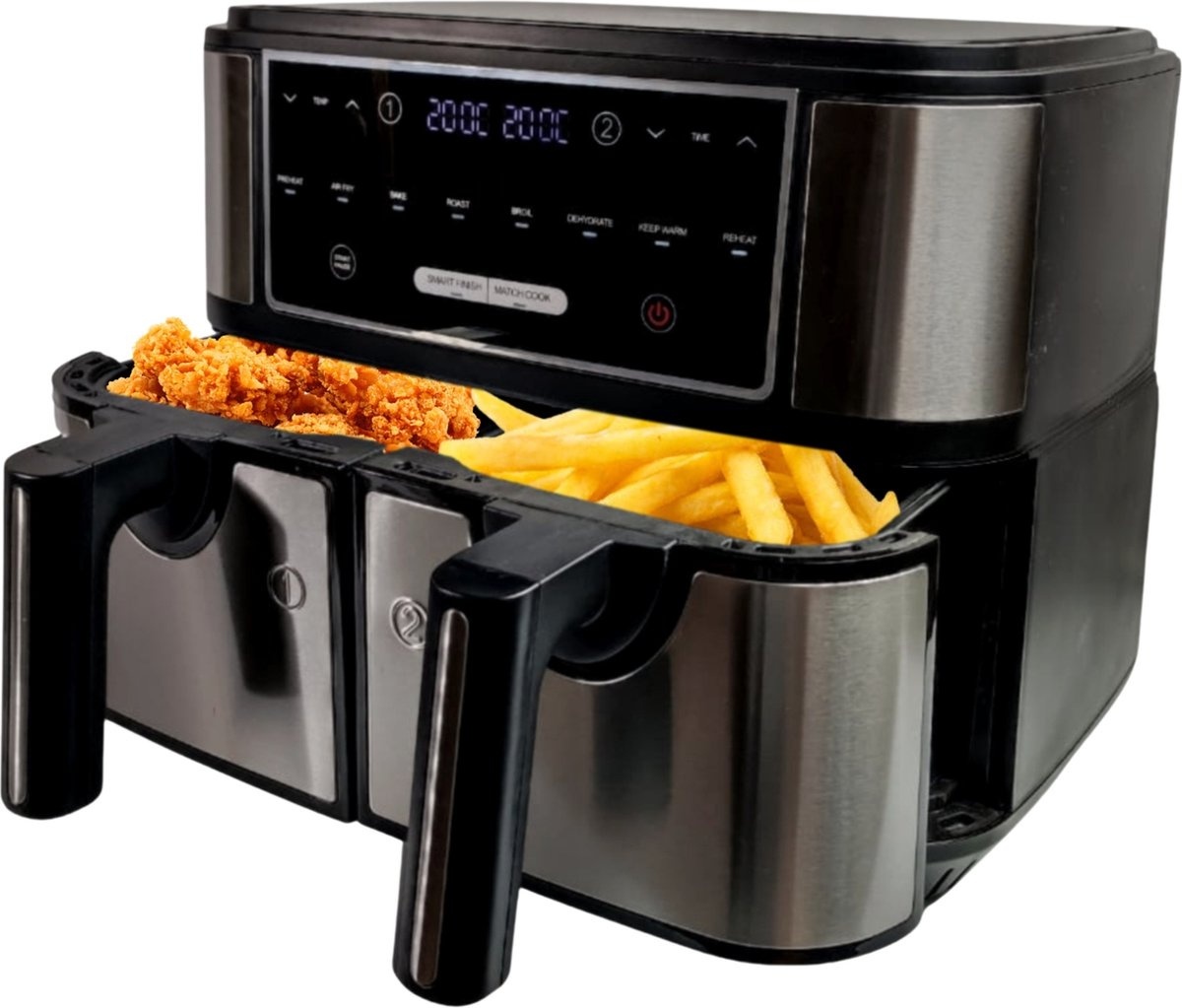 8720618695314 - Double Airfryer - XXL 8L - Heißluftfritteuse - Zwei Kochfächer - 2 x 4L - Edelstahl Schwarz