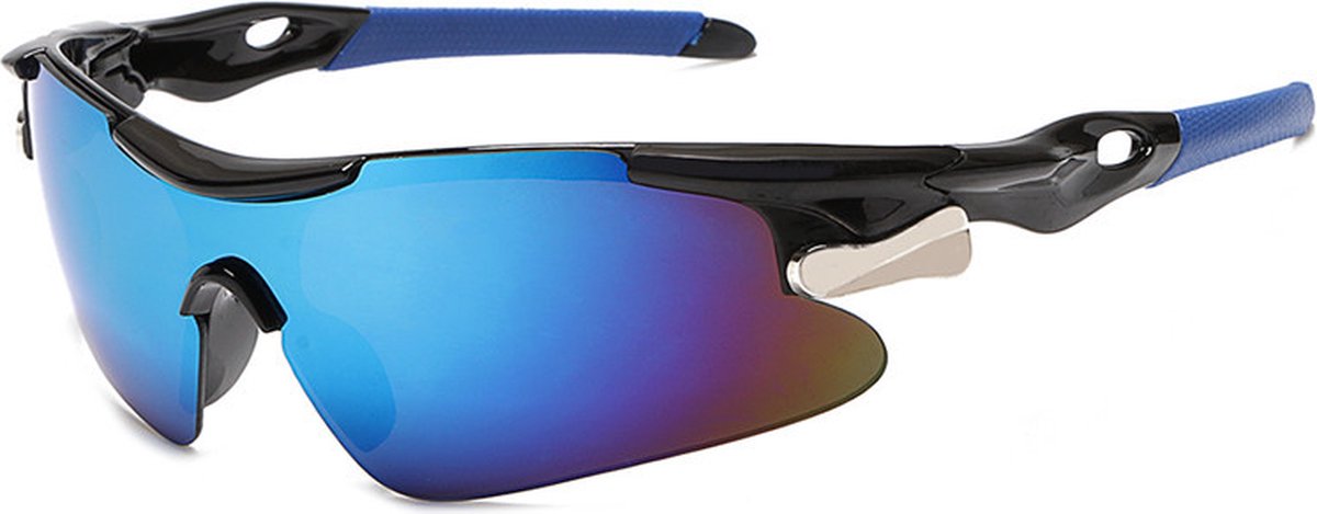 8720618740595 - Radsportbrille - Sportbrille - Sonnenbrille Herren - Radfahren - Motorrad - Schwarzer Rahmen mit blauen Gläsern