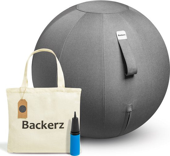 8720618891136 - Backerz® Sitzball Büro und Zuhause 65 CM - Luxus-Yoga-Ball - Sitzball mit Hülse - Ergonomischer Bürostuhl-Ball - Leinen Dunkelgrau