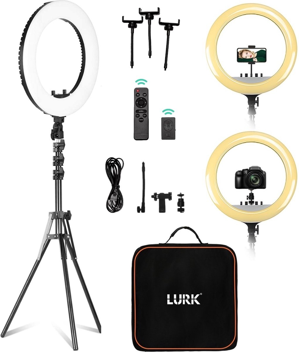 8720618939302 - LURK® Ringleuchten-Set PRO 18 Zoll - Verstellbares Stativ & Fernbedienung - LED - Geeignet für Smartphone und (Action-)Kamera