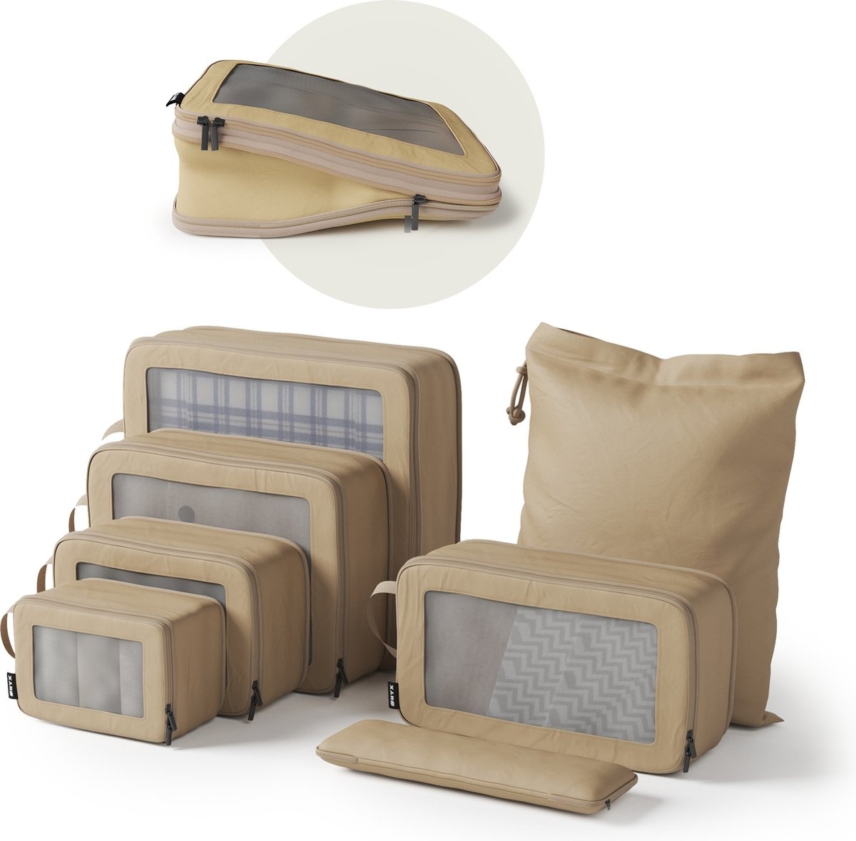 8720618939609 - Compression Packing Cubes - 7 Stück - Gepäckorganisation mit Kompressionsreißverschluss - Für Koffer und Taschen - Beige