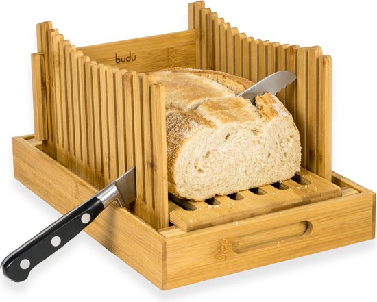 8720648194405 - Budu Brotschneidemaschine Bambus - Brotschneidemaschine Werkzeug - Brotbrett Holz - Brotschneidemaschine mit Auffangschale - Bambus - 30x20cm