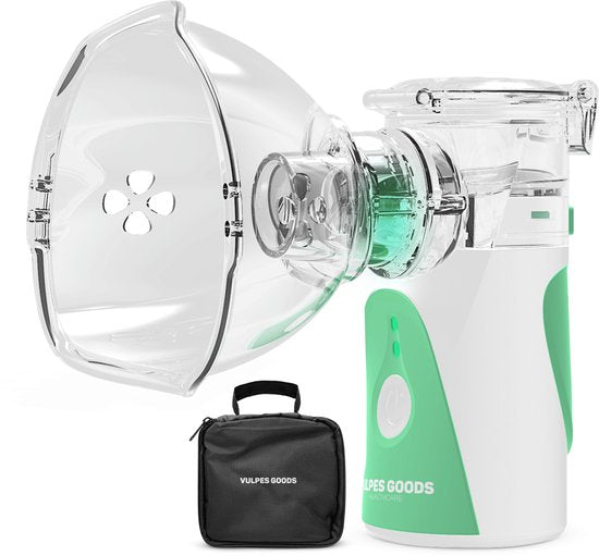 8720648259623 - Vulpes Goods® HealthCare - Aerosolgerät - Ultraschallvernebler Inhalator - Vernebler - Inhalationsgerät für Kinder Erwachsene & Babys - Hilft gegen Atemwegserkrankungen - Inkl 3 Düsen & Deluxe Reisetasche
