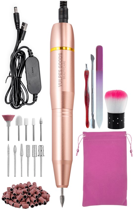 8720648259654 - Vulpes Goods® BeautyCare - Elektrische Nagelfeile - 11 Nagelfräser-Bits 3 Arten von Schleifrollen 96 Stück & Tragetasche - Maniküre & Pediküre Set - Pink Gold