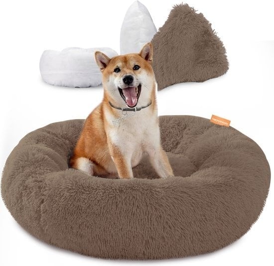 8720648292217 - Happysnuts Hundekorb mit Reißverschluss - 80cm - Hundebett - Donut Hundebett - Flauschig - Waschbar - Braun