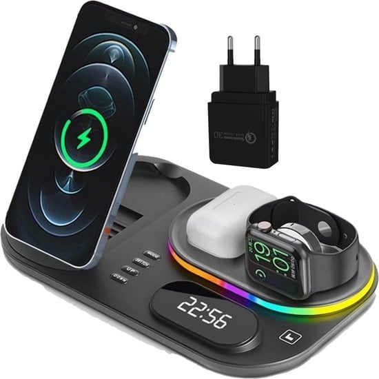 8720648399084 - iSetchi Wireless Qi Charger 15 Watt Schnellladegerät (4-in-1) - Mit Quick Charge 30 Adapter LED Uhr & LED Lampe - Qi Ladestation