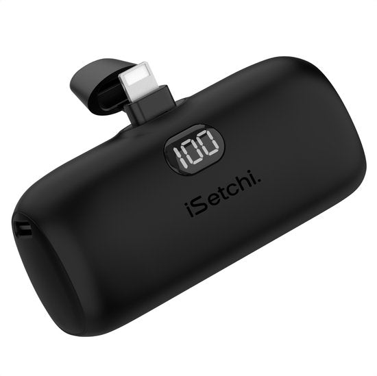 8720648399305 - Mini Powerbank 5000 mah - Kompakte Größe - Externer Akku - Integriertes Kabel - Notfallpaket - Lightning Kabel - LED Anzeige - Geeignet für iPhone - Schwarz