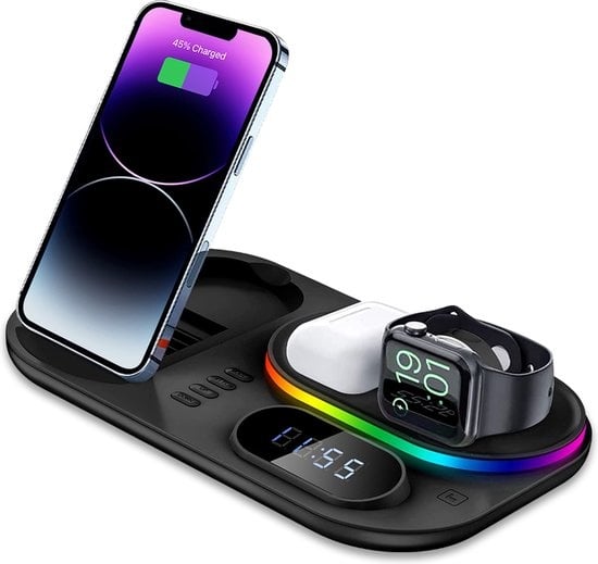 8720648954450 - 4-in-1 Wireless Charger 15W - Mit LED-Lampe & Digitaler Uhr - Kabelloses Ladegerät - Geeignet für iPhone 12 13 14 15 iWatch & AirPods   Samsung S20 21 22 & Galaxy Buds - GSM Ladegerät - Qi Ladestation