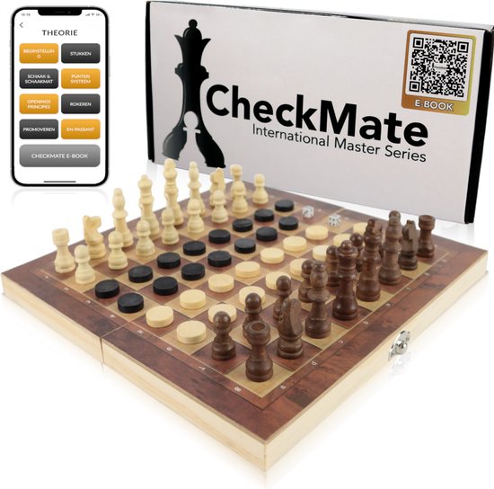 8720726037129 - CheckMate IM Series 3-in-1 Schachbrett Dame & Backgammon - Schachbrett mit Schachfiguren - Schachset - Holz - Schachbrett mit Damespiel - Damespiel-Set - Backgammon - Backgammon-Koffer