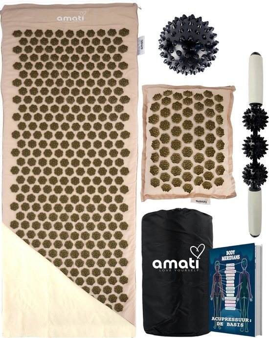 8720726037440 - Amati Blue Lotus Nail Mat - mit Kissen - Massage Roller & Ball - Akupressur Matte - Shakti Mat - Beige