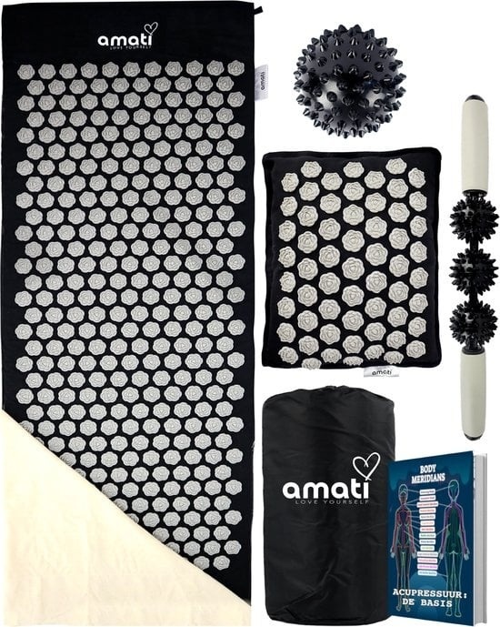 8720726037464 - Amati Blue Lotus Nail Mat - mit Kissen - Massage Roller & Ball - Akupressur Matte - Shakti Mat - Schwarz