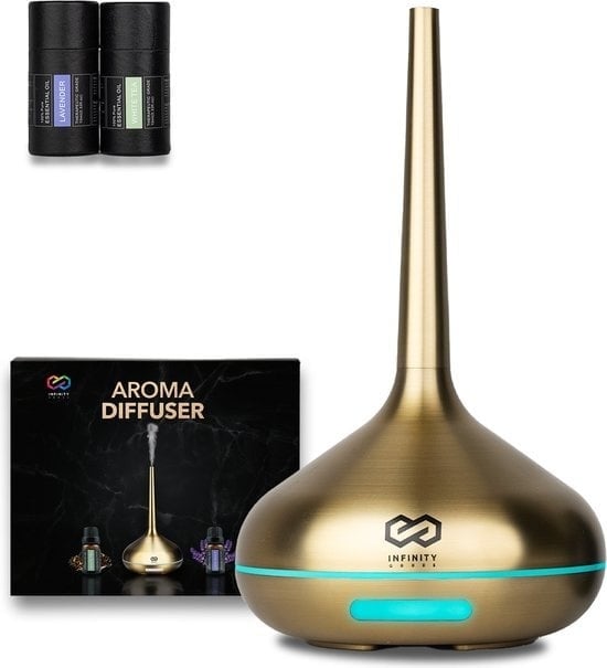 8720726337168 - Infinity Goods Aroma Diffuser Inkl 2x 10ml reines ätherisches Öl - Luftbefeuchter - Verdampfer - 10 LED Farben - Aromatherapie - Duftdiffusor - Gold