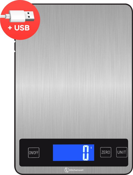 8720726415965 - Digitale Präzisionsküchenwaage - Küchenwaage - 1gr - 10kg - Tara-Funktion - USB wiederaufladbar - Grau