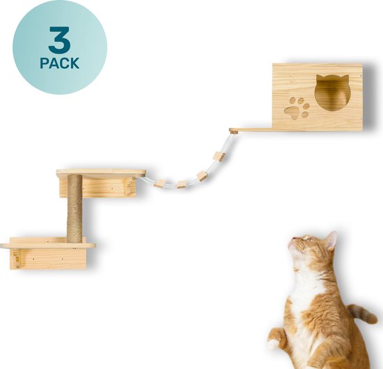 8720726421225 - LBB Katzenkletterwand - 3er-Set - Inkl Kratzbaum Burg und Haus - Wand - Auch für große Katzen - Wand - Regal - Möbel - Katzenspielzeug - Intelligenz - Spielzeug