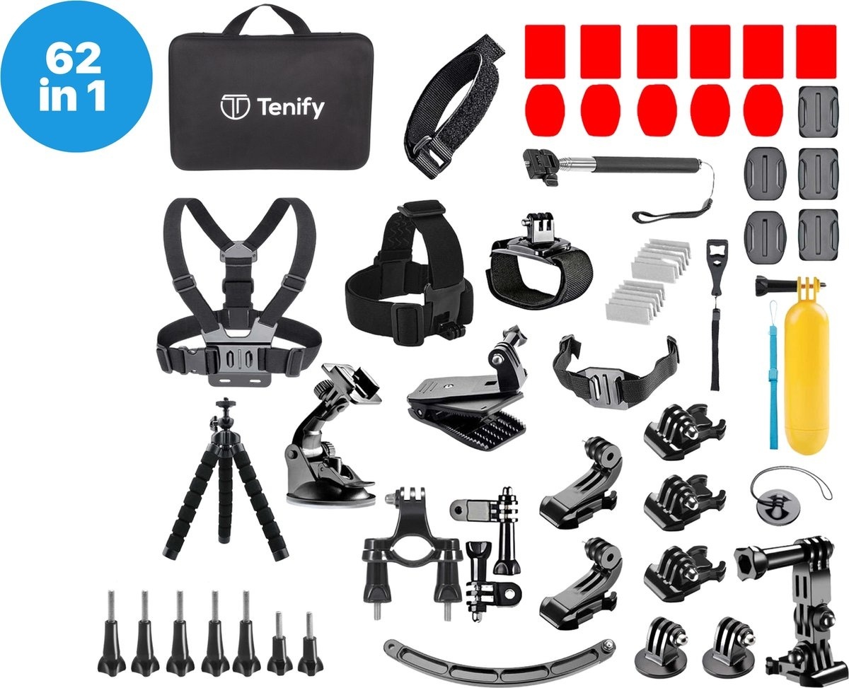 8720726511186 - Tenify GoPro Zubehör Set 62 in 1 - Action Kamera Set - Mit Halterung Stick & Tasche - Für GoPro Hero 11 10 9 8 7 6 5 4 - Mit luxuriöser Aufbewahrungstasche