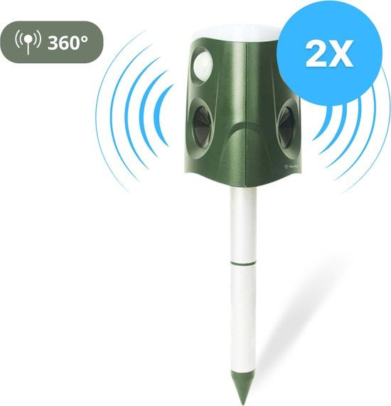 8720726511193 - Ultrasone Kattenverjager 2 Stuks - Groot Bereik - 360 Graden - Op Zonneenergie - USB Oplaadbaar - Kattenschrik - Afweermiddel - Ongedierte - Vogel - Dieren - Ratten - Muizen Verjager