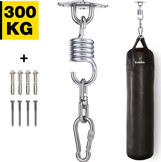 8720726573016 - Edelstahl-Aufhängesystem - 300 KG Tragkraft - 360° frei drehbar - schalldämpfende Feder - Boxsack-Aufhängesystem - Deckenhalterung - Deckenhaken - Aufhängehaken - Schraubhaken - Chrom