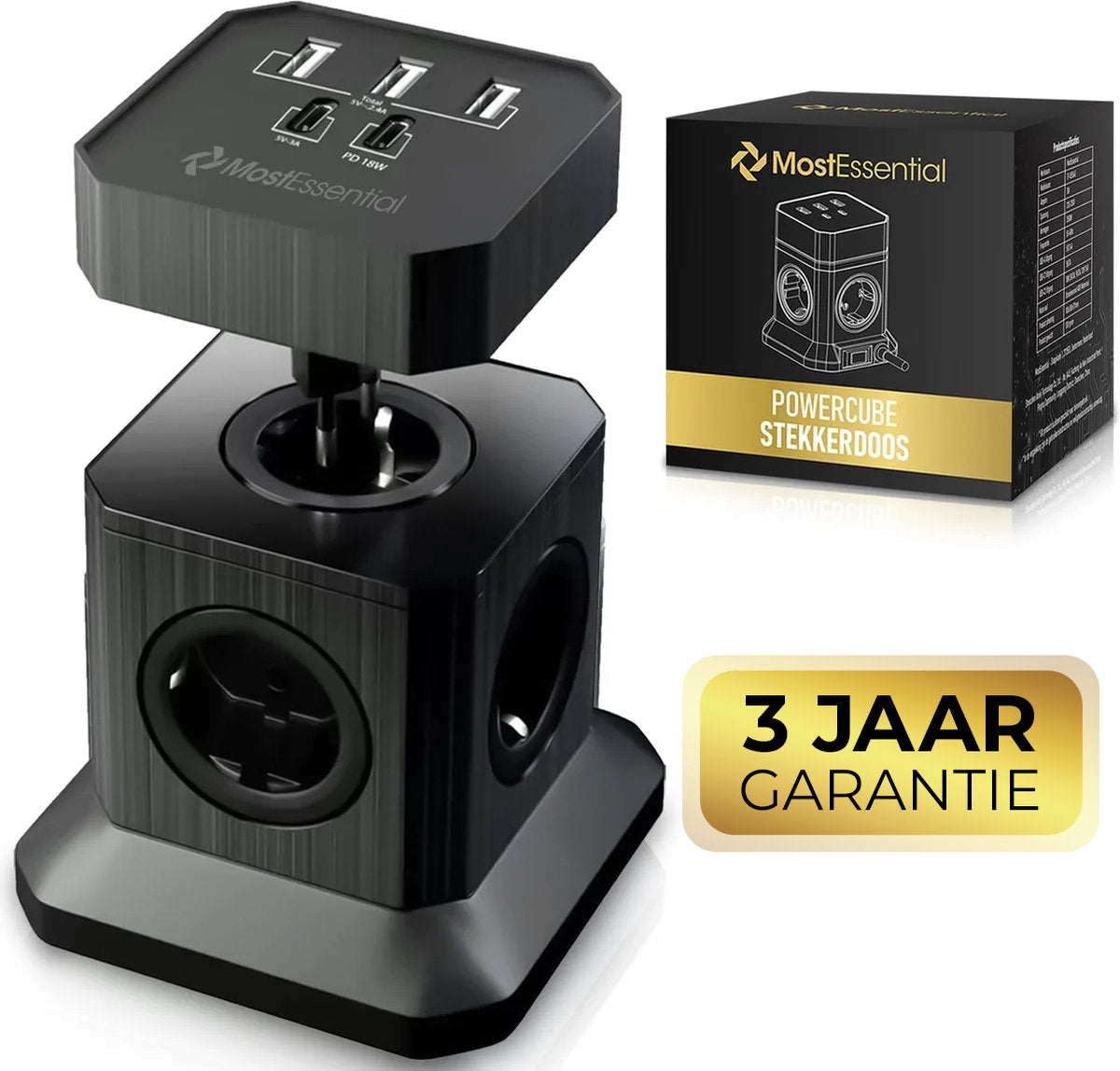 8720726622103 - 10-fach Powercube Steckdose - 1-Layer Edition - Steckdose mit Schalter - 18W USB-C Schnellladegerät - Schwarz