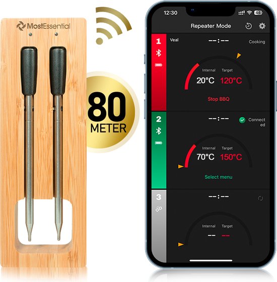 8720726622455 - Smart Meat Thermometer - Drahtlos - 80M Reichweite - 36 Stunden Betriebszeit - Bluetooth 52 - 2000mAh Batterie - Doppelsonde Edition