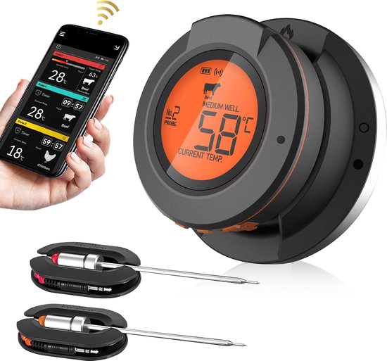 8720726622516 - AT-02 Fleischthermometer - Smart BBQ Thermometer - Inklusive Bluetooth App & 2 Messfühler