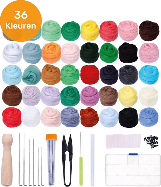 8720828002612 - LBB - Nadelfilzen - Starter Kit - 36 Farben Wolle - Inkl Werkzeug - Nadelfilzen - Paket - Filznadeln - Gefilzte Wolle - Mit Sticknadeln und Stickgarn - Sticksets für Erwachsene