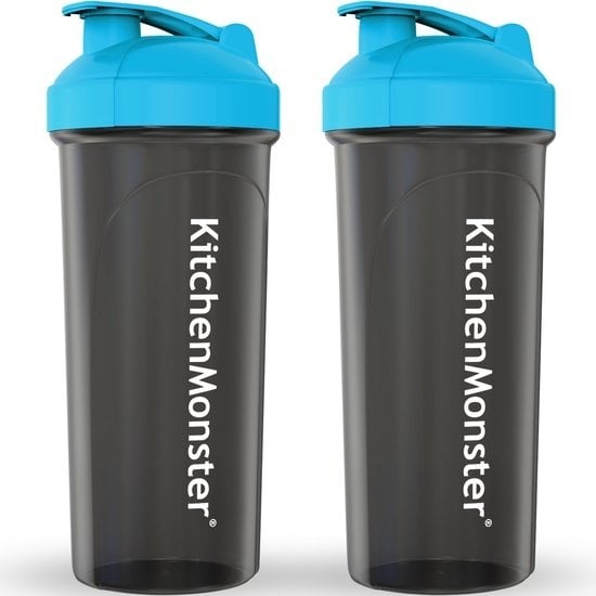 8720828011140 - KitchenMonster Shake cup Bidon 700 ml - 2er Set - Shaker inklusive Mixfilter - Protein Shaker Schwarz mit Blau