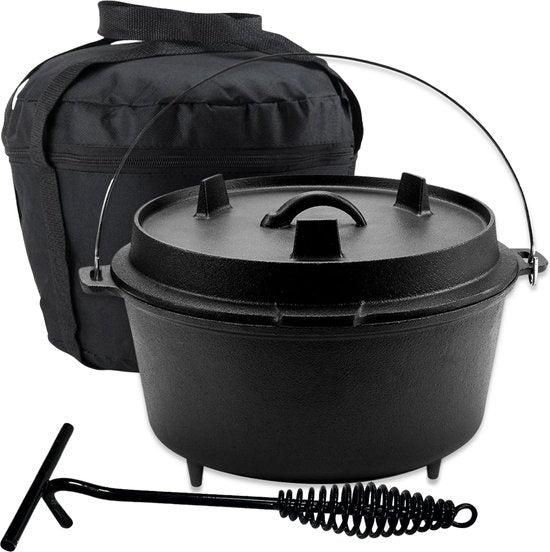 8720828011416 - KitchenMonster¬Æ Dutch Oven Kookpan - Gietijzeren Pan Ø29 - Gietijzeren Pan met Deksel 9 Liter Grillpan - Braadpan Gietijzer Zwart