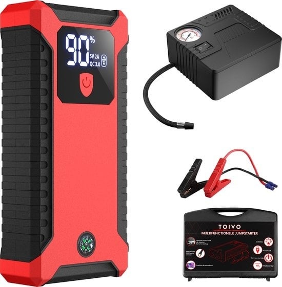 8720828027479 - 12V Starthilfe fürs Auto - 1000A   20000 mAh - Mit Kompressor - 4-in-1 Starthilfe mit Powerbank LED-Taschenlampe und SOS-Notleuchte - Im Aufbewahrungskoffer