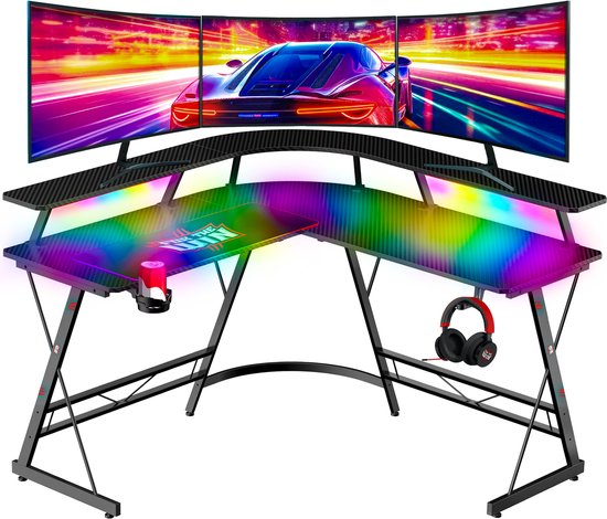 8720828067345 - For The Win Eckschreibtisch - L-förmiger Spieltisch - 130x130x74 cm - Gaming-Schreibtisch mit LED-Beleuchtung - inkl RGB-Mauspad - Monitorständer - Gaming-Schreibtisch - Computer-Tisch - Gaming-Tisch