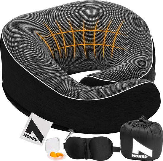 8720828067413 - NOHRD Aircraft Neck Pillow - Reisekissen - Schwarz - Memory Foam - Inkl Ohrstöpsel Schlafmaske & Tragetasche - Memory Foam - Nackenstütze