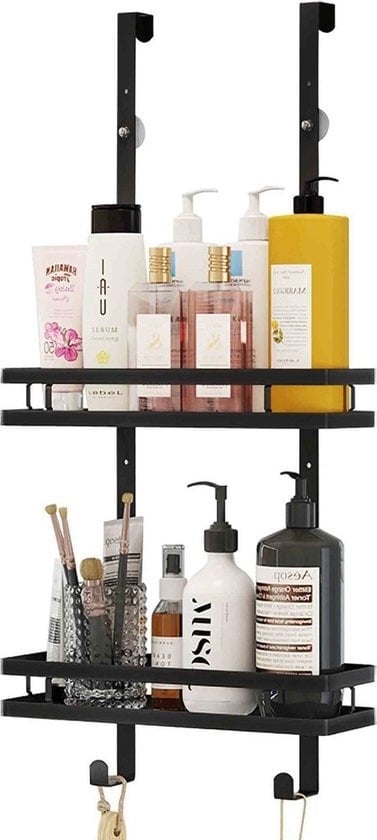 8720828084069 - Shower Rack - Bohrfreie Duschablage - 74 x 35 cm - Hängende Duschablage - Edelstahl - Zweilagig - Schwarz