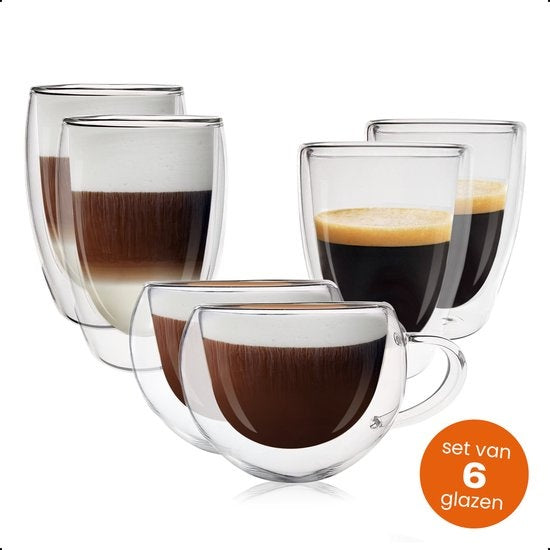 8720828084809 - Dubbelwandige Koffieglazen - koffiekopjes - Kopjes - Glazen - Theeglazen - Latte Macchiato - Cappuccino - Set Van 6