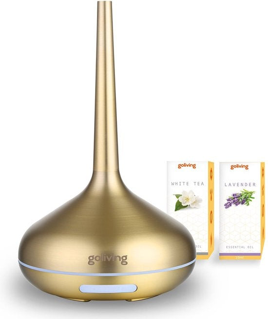 8720828084847 - Aroma Diffuser - Luftbefeuchter - Aromatherapie - Inkl 2x ätherisches Ã–l - 10 LED Farben - Duftdiffusor - Gold