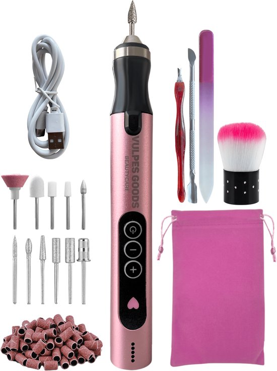 8720828099209 - Vulpes Goods® BeautyCare - Elektrische Nagelfeile - Schnurlos & wiederaufladbar - 11 Nagelschleiferbits und 96 Schleifrollen und Tragetasche - Maniküre und Pediküre Set - PRO Version