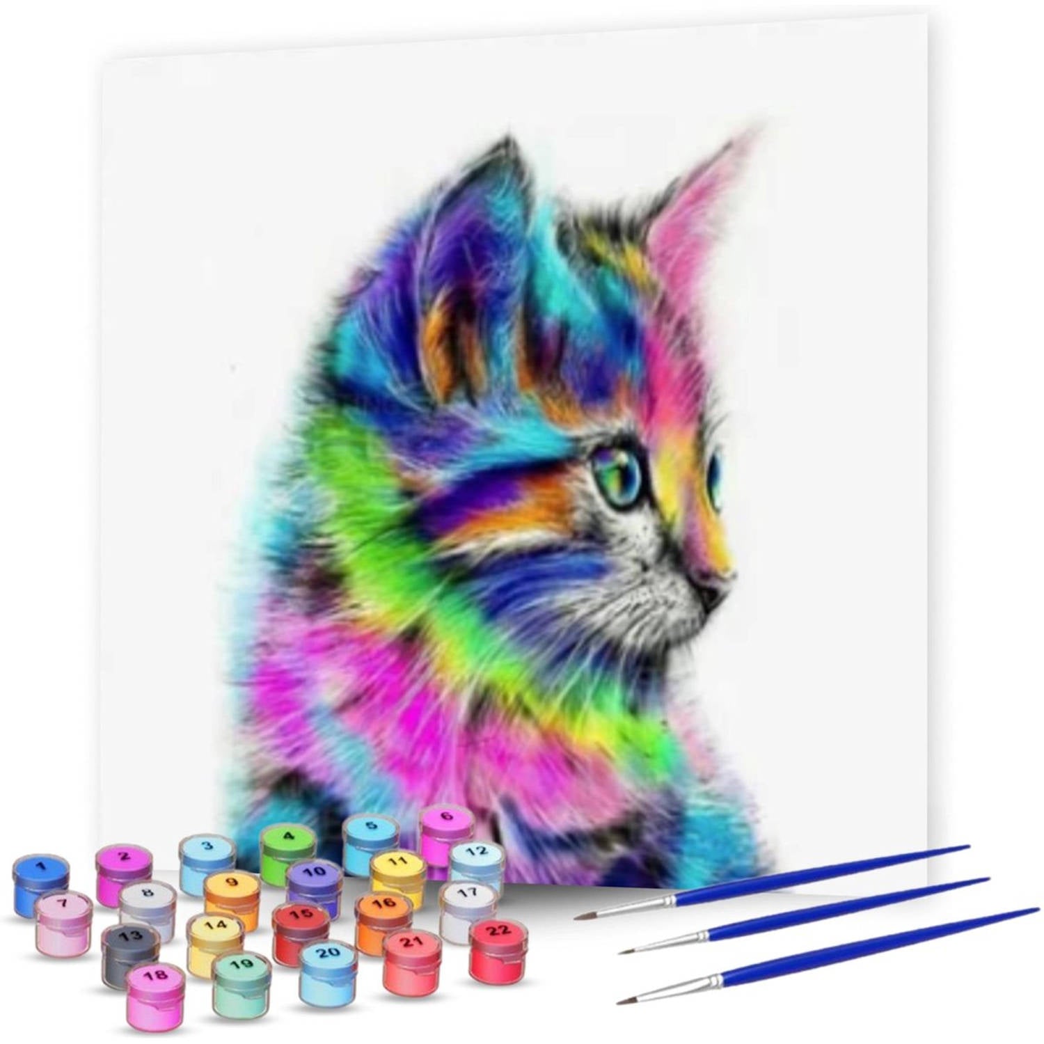 8720828194010 - Malen nach Zahlen Erwachsene - Bunte Katze - mit Leinwand und Pinseln - 40x50cm