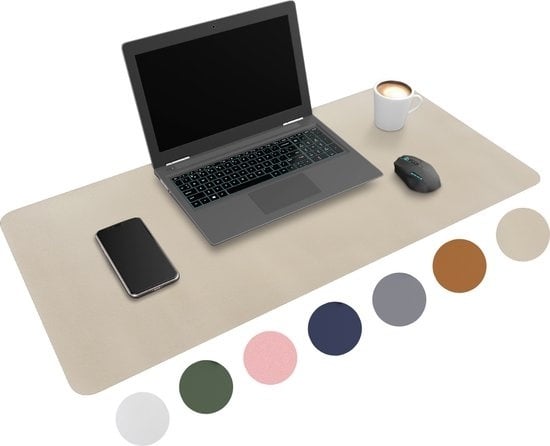 8720828194034 - WURK Professionelle Schreibtischunterlage Kunstleder - Schreibtisch-Organizer - Inklusive Kabelclip - Beige - 80x40