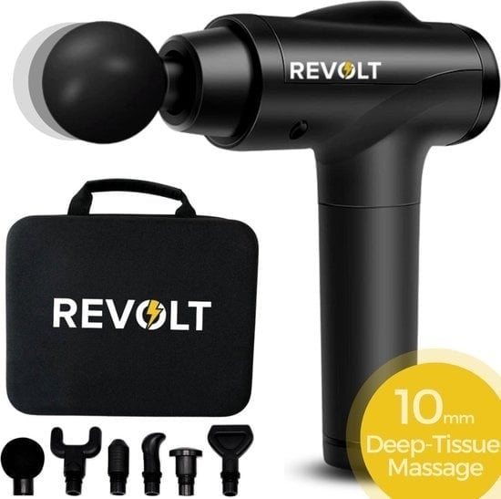 8720828194225 - Revolt - Massagepistole - 30 verschiedene Geschwindigkeiten - 6 Aufsätze - Deluxe-Aufbewahrungskoffer - Deep Tissue - für Muskelerholung & Verletzungen - hohe Amplitude