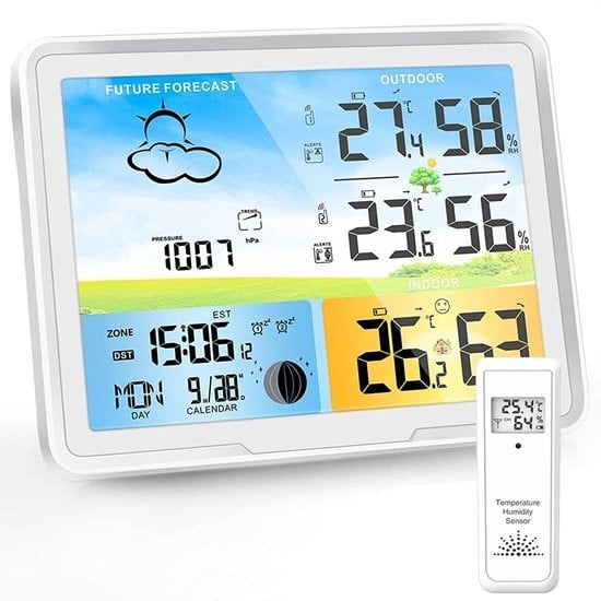 8720828295151 - Wetterstation Weiß - Drahtlos - 75M Reichweite - Innen & Außen - Temperatur - Luftfeuchtigkeit - Wettervorhersage