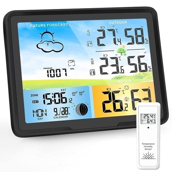 8720828295168 - Wetterstation Schwarz - Drahtlos - 75M Reichweite - Innen & Außen - Temperatur - Luftfeuchtigkeit - Wettervorhersage