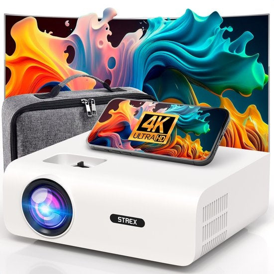 8720828295212 - Beamer - 1080P Full HD - 15000 Lumen - Kabelloses Streaming - Inklusive Tasche Projektionsleinwand - WiFi - Bluetooth - Mini Beamer - Projektor