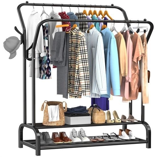 8720828295335 - Industrial Clothes Rack Double Rod - Metall - 110x33x150 CM - Schwarz - Lagerung für Schuhe - Garderobe Rack mit Haken