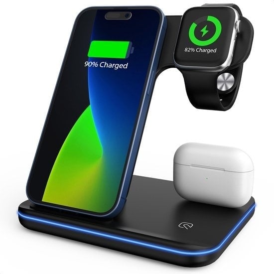 8720828295656 - 3-in-1 Wireless Charger - Kabelloses Ladegerät - 15W Schnellladegerät - Ladestation mit Schnellladefunktion geeignet für Smartphone iPhone Apple Watch AirPods