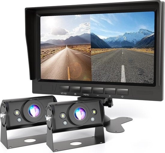 8720828295731 - Rückfahrkamera-Set verkabelt mit 2 Kameras (gleichzeitig anzeigen) - HD 1080P - 7 Bildschirm - 18LED Nachtsicht 15m - IP69 Wasserdicht - Rückfahrkamera