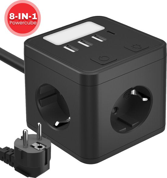 8720828504505 - Steckdose mit USB und Schalter - Powercube - Steckdosenverteiler - 4 Steckdosen - 3 USB-Ports - 1 USB-C - Schwarz