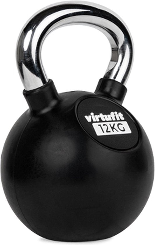 8720828508893 - VirtuFit Kettlebell - Gummi Chrom - 12 kg - Schwarz - Sportgewicht - Langlebiges Design - Ergonomischer Griff - Geeignet für CrossFit & Fitness - Fitness Training