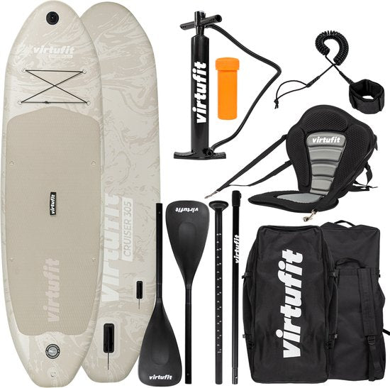 8720828510827 - VirtuFit Supboard Cruiser 305 - Sand Beige - Stand Up Paddle Board - Supboard Inflatable - Für Anfänger und Experten - Mit Kajaksitz Zubehör und Tragetasche - Rutschfeste Oberfläche - Verstellbares Paddel - Max 180 kg