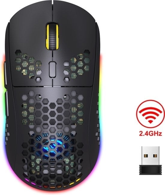 8720828512265 - HXSJ T90 24G Wireless Gaming Mouse - Bluetooth - Computermäuse - Ultraleicht - RGB-Beleuchtung - Schwarz