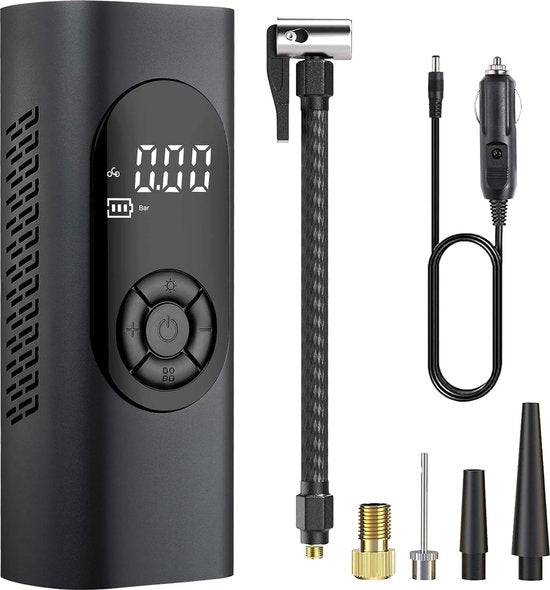 8720828512715 - - 6000 mAh Elektropumpe - 150 PSI Fahrradpumpe - Elektrische Miniatur-Fahrradpumpe mit SOS-LED - Gebrauch Für AUTO-Reifen - Fahrräder - Elektrofahrräder - Ballsportarten - Inklusive 2 Aufpumpschläuche - Schwarz